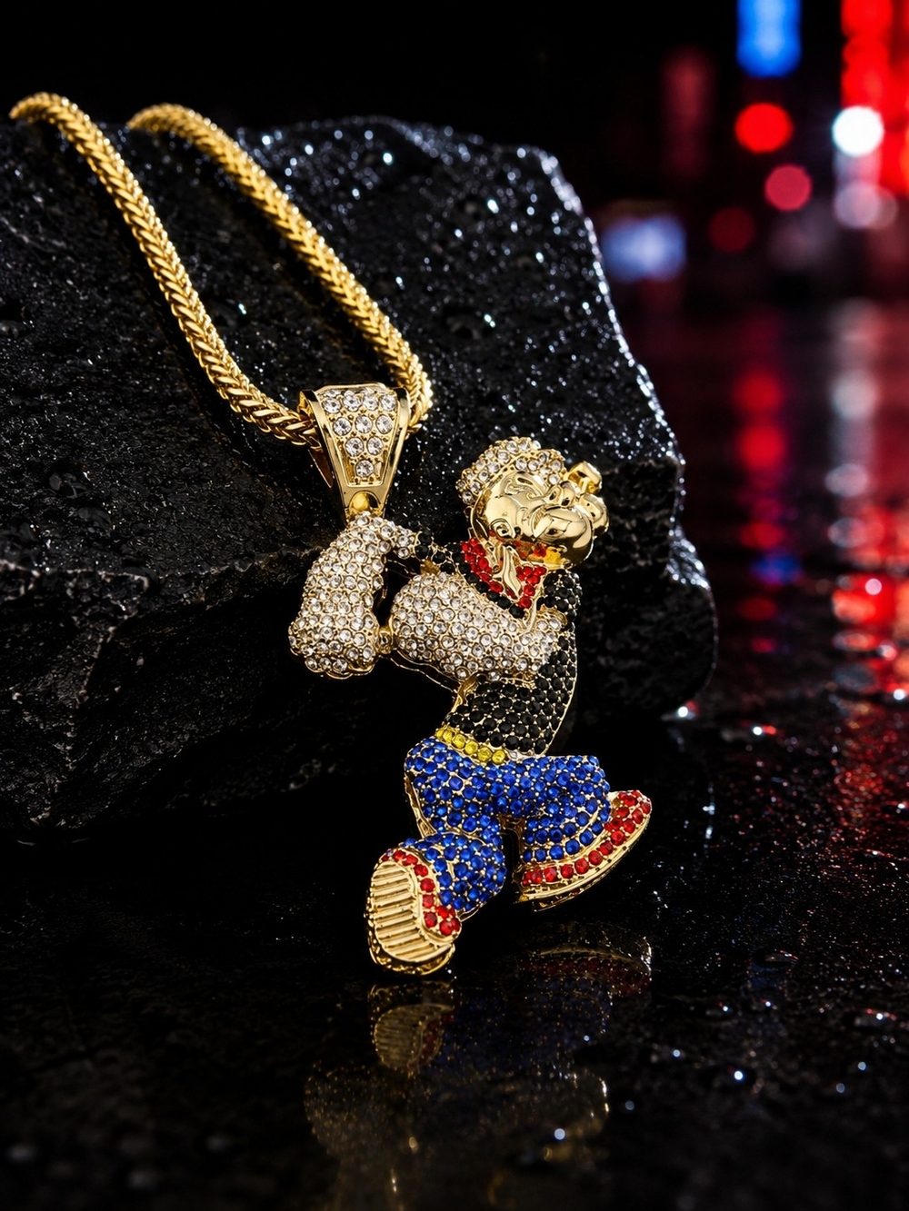 Popeye Style Iced Out Pendant Gold Tone Rope Chain Necklace